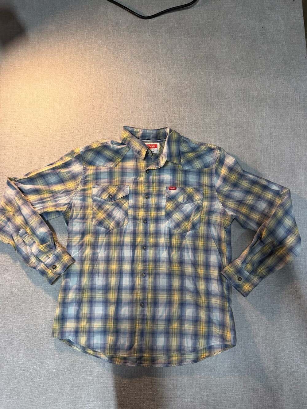 Wrangler Plaid Button Front Shirt Men's Large Blue Yellow Western